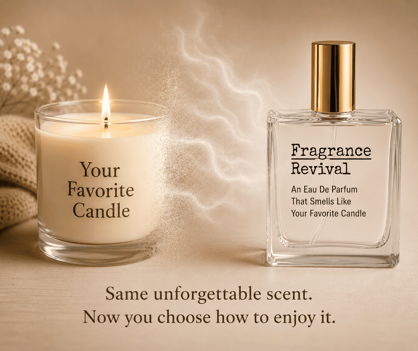 Facebookready Eucalyptus by Yankee Candle Type Fragrance Revival Lit candle labeled 'Your Favorite Candle' beside a glass bottle of 'Fragrance Revival' perfume with mist between them.